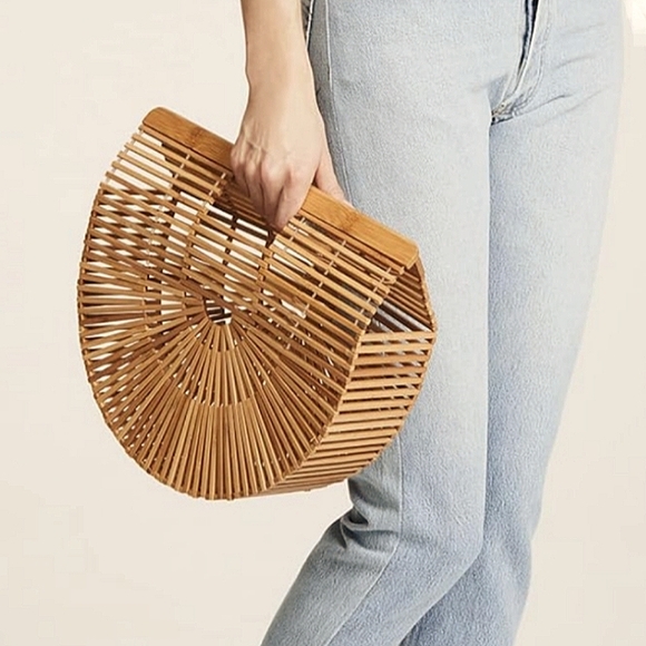 Bamboo Pool Tote Beach Bag Tan Brown Woven Wood Wicker Hippie Purse Bohemian - Picture 2 of 10